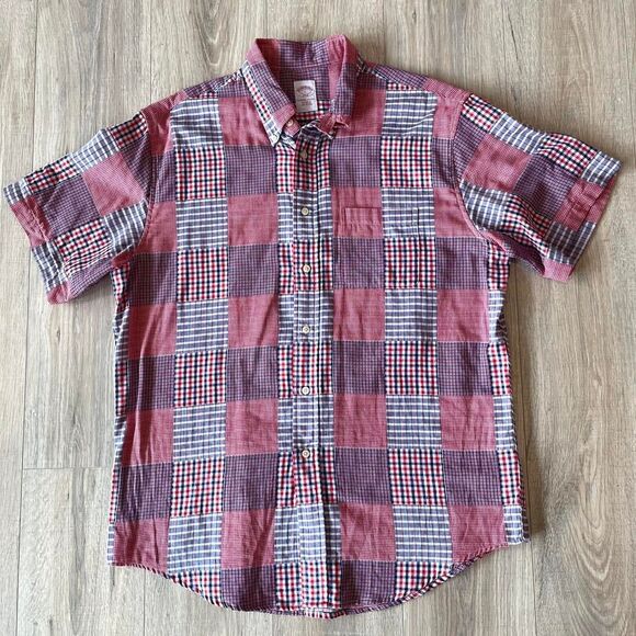 Brooks Brothers Large Red White & Blue Patchwork Short Sleeve Button Up Shirt - Picture 1 of 8